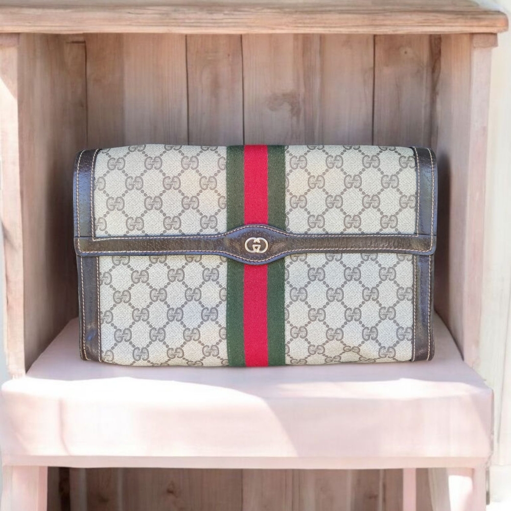 Vintage Gucci Monogram Clutch with Red and Green Stripe